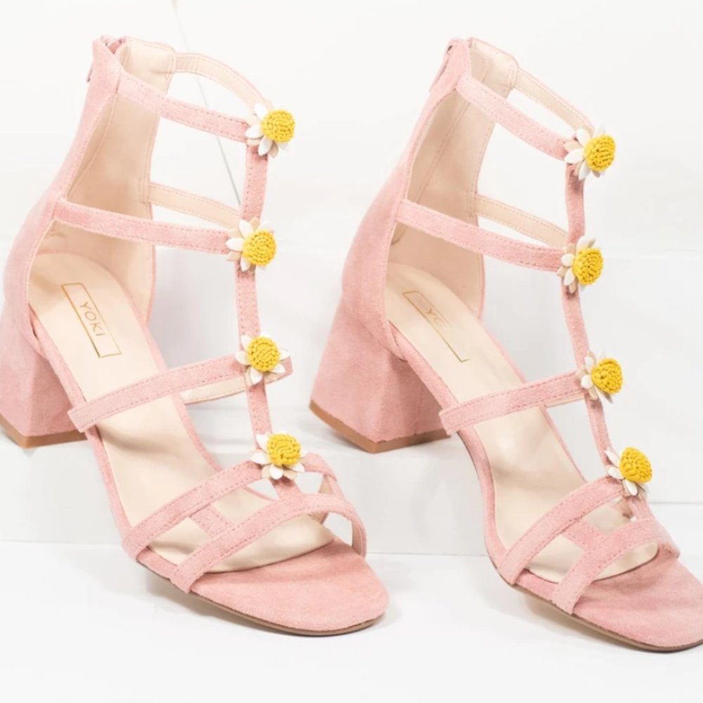 Blush Pink Suede & Daisy Leatherette Cage Heel Sandals